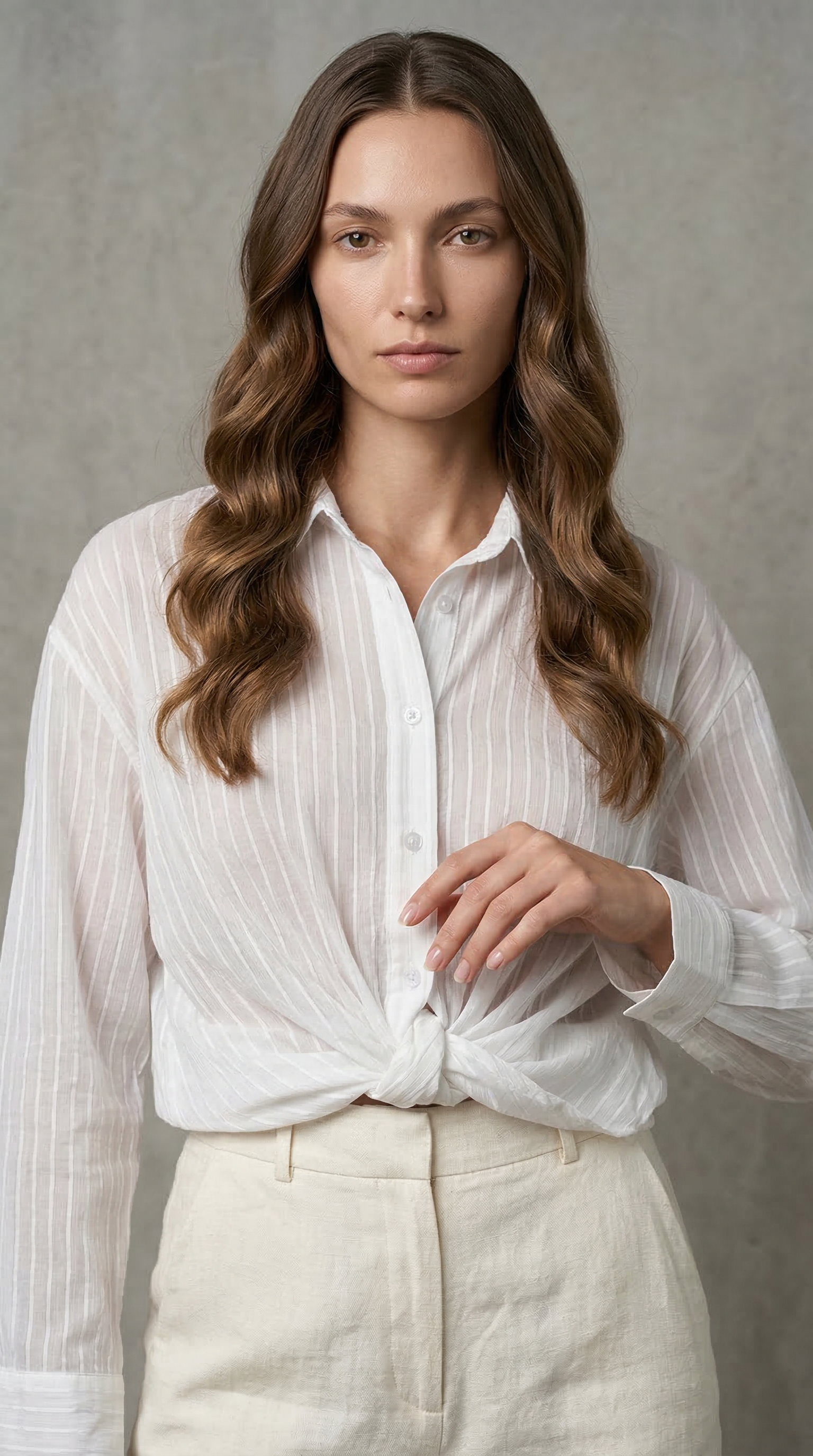 Bağlama Detaylı Krem Gömlek