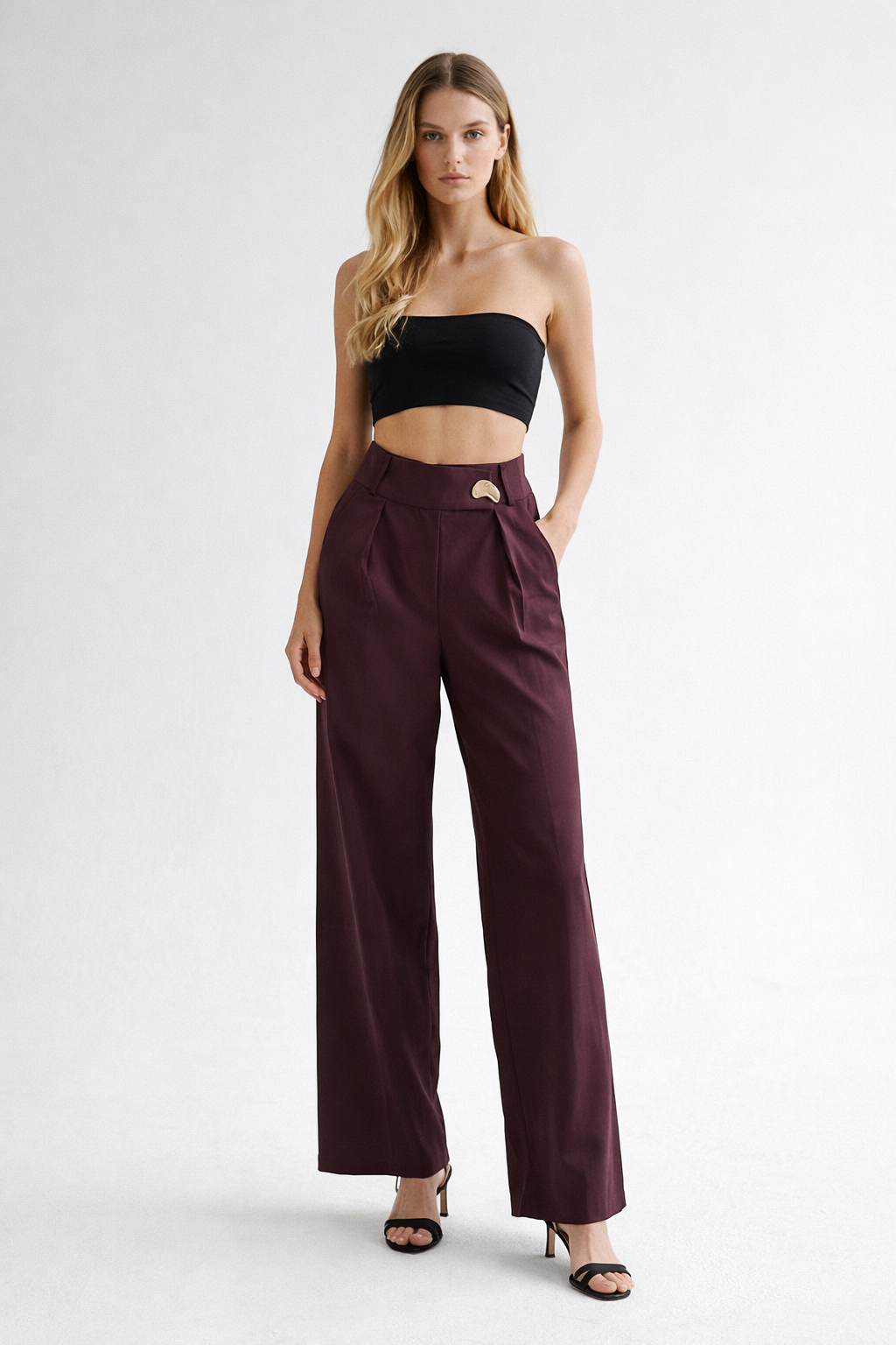 Toka Detaylı Bordo Geniş Paça Pantolon
