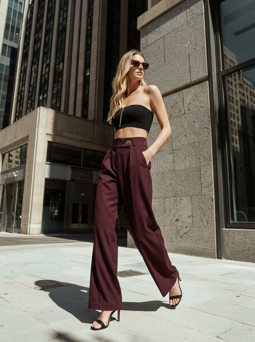 Toka Detaylı Bordo Geniş Paça Pantolon