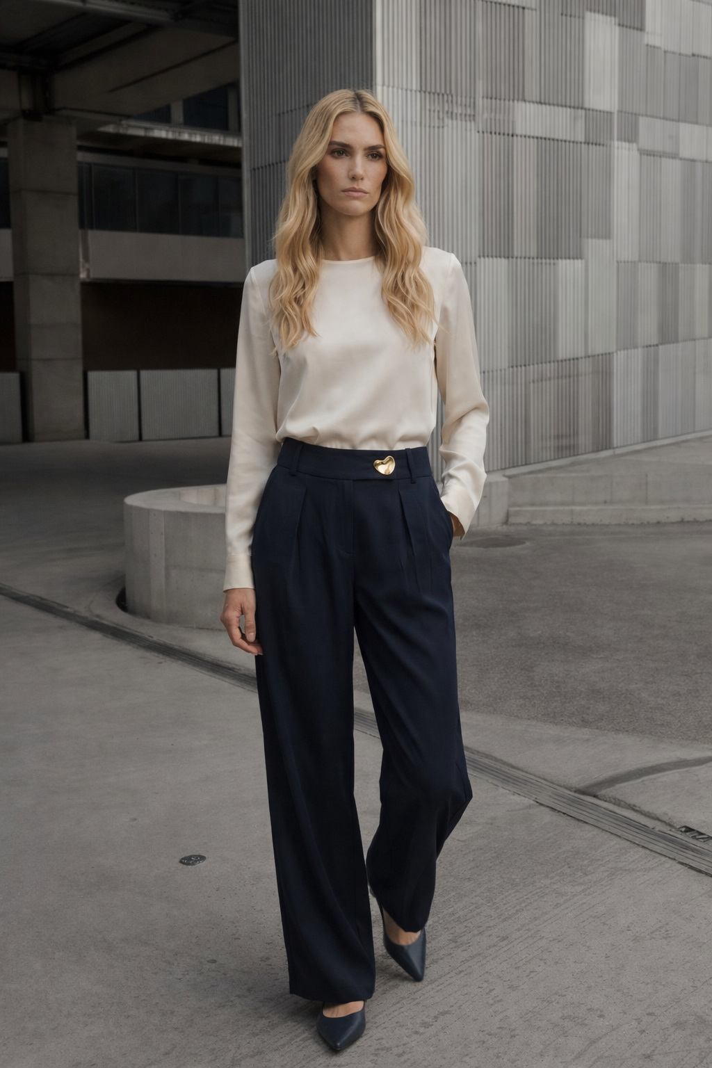 Toka Detaylı Lacivert Geniş Paça Pantolon