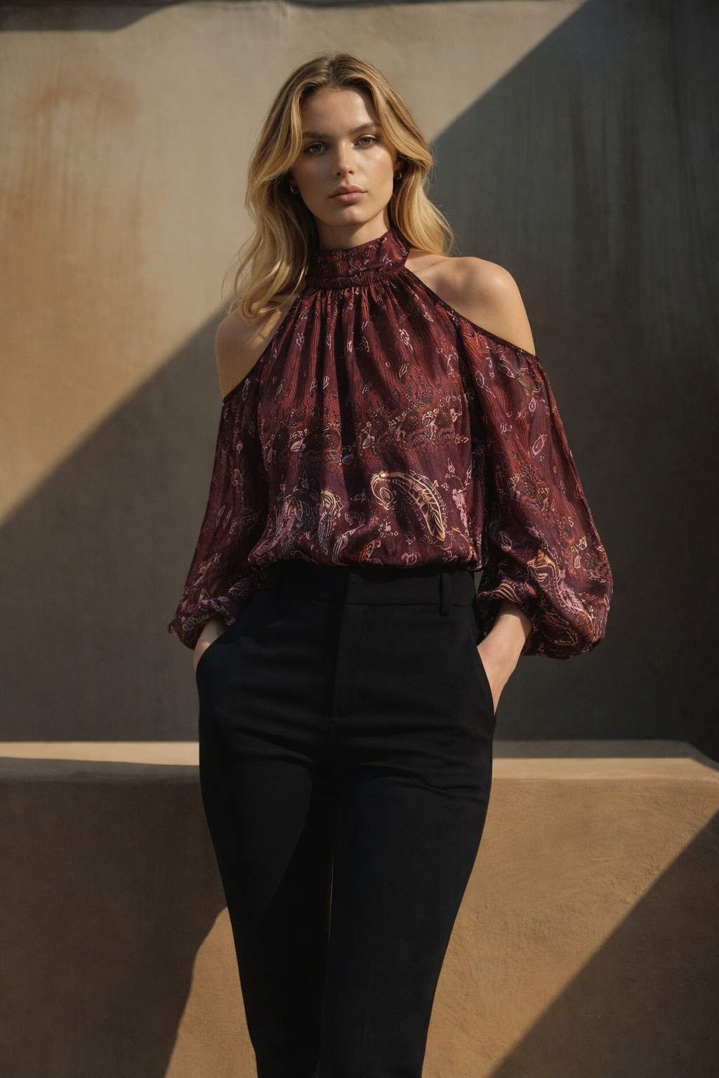 Bordo Baskılı Şifon Bluz