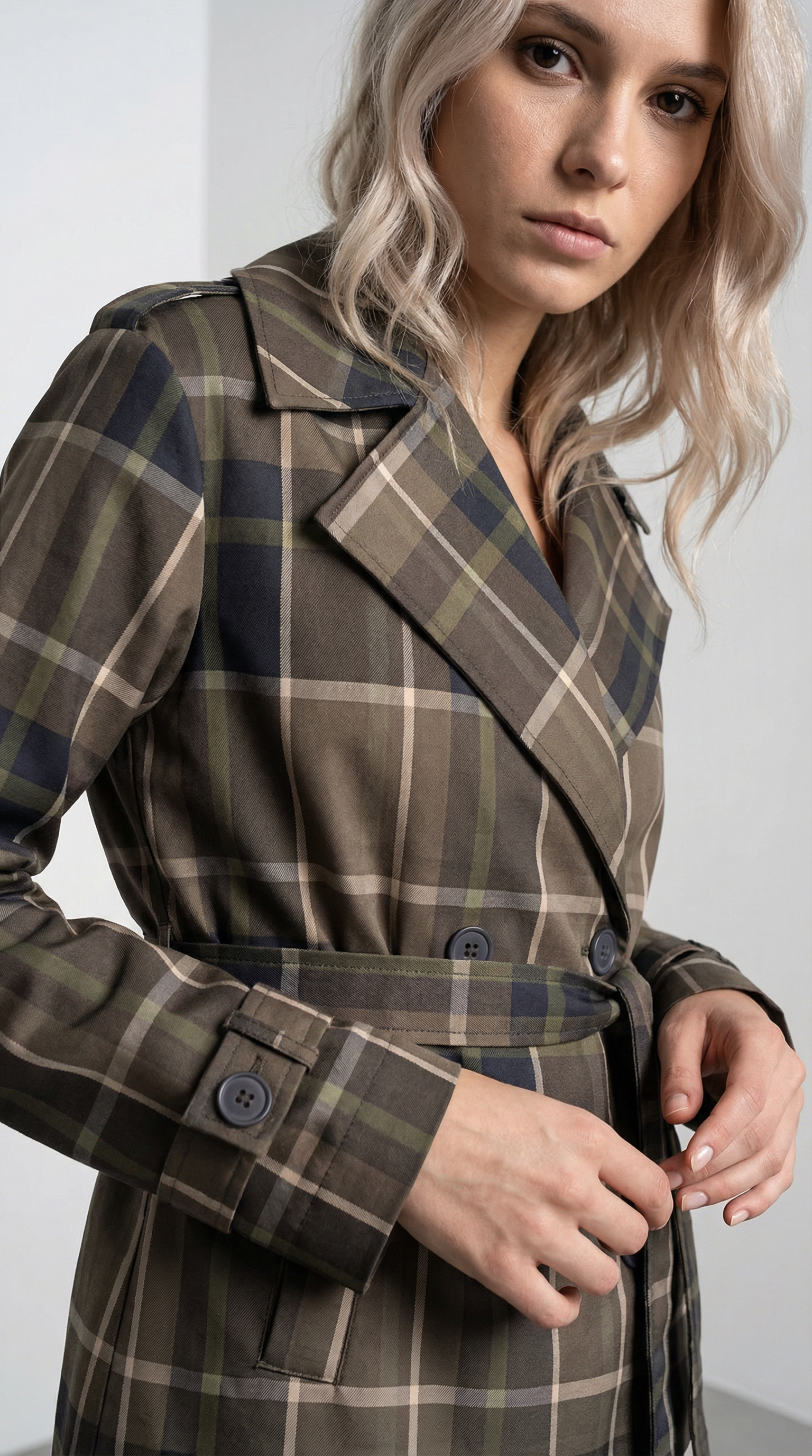 Ekose Desenli Kemerli Trençkot