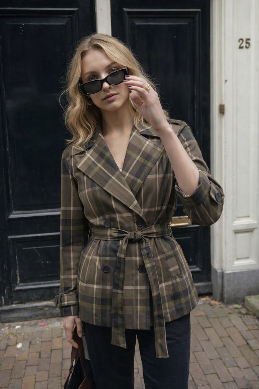 Ekose Desenli Kemerli Trençkot