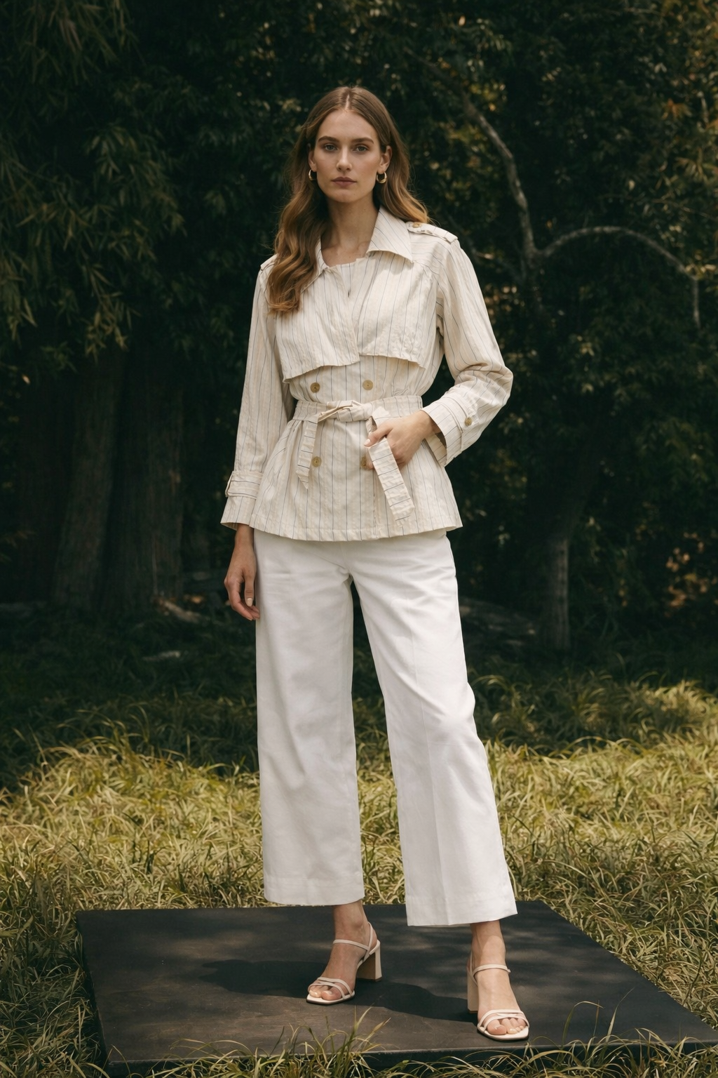 Çizgili Kuşaklı Trenç Ceket