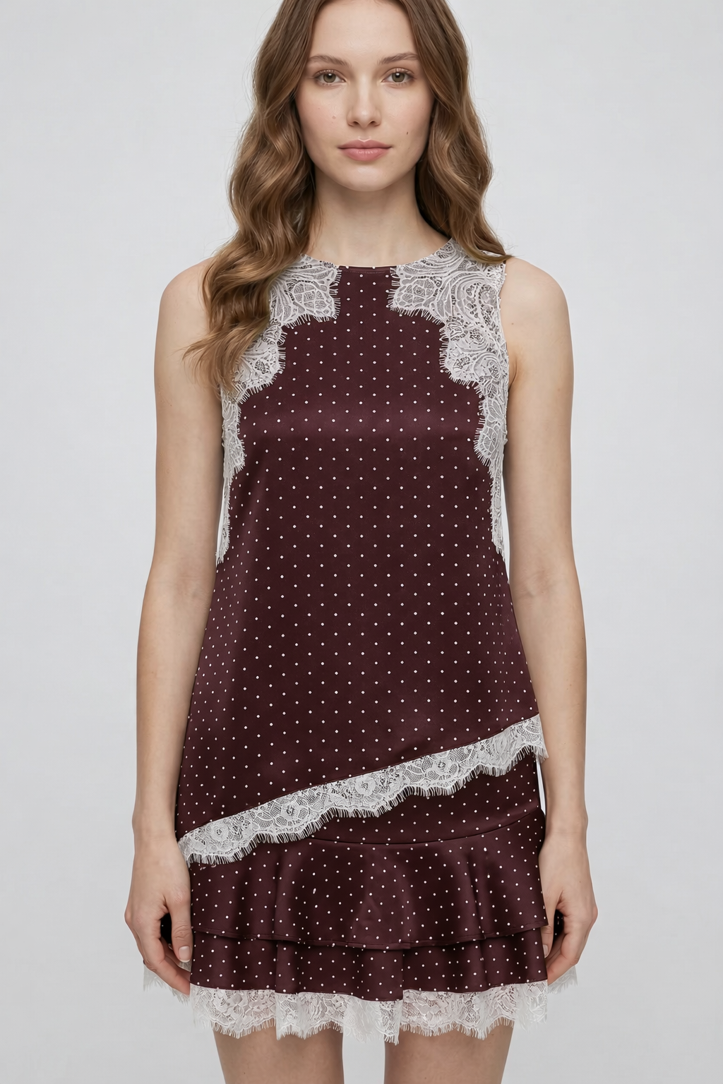 Dantel Detaylı Puantiye Desenli Kahverengi Saten Etek