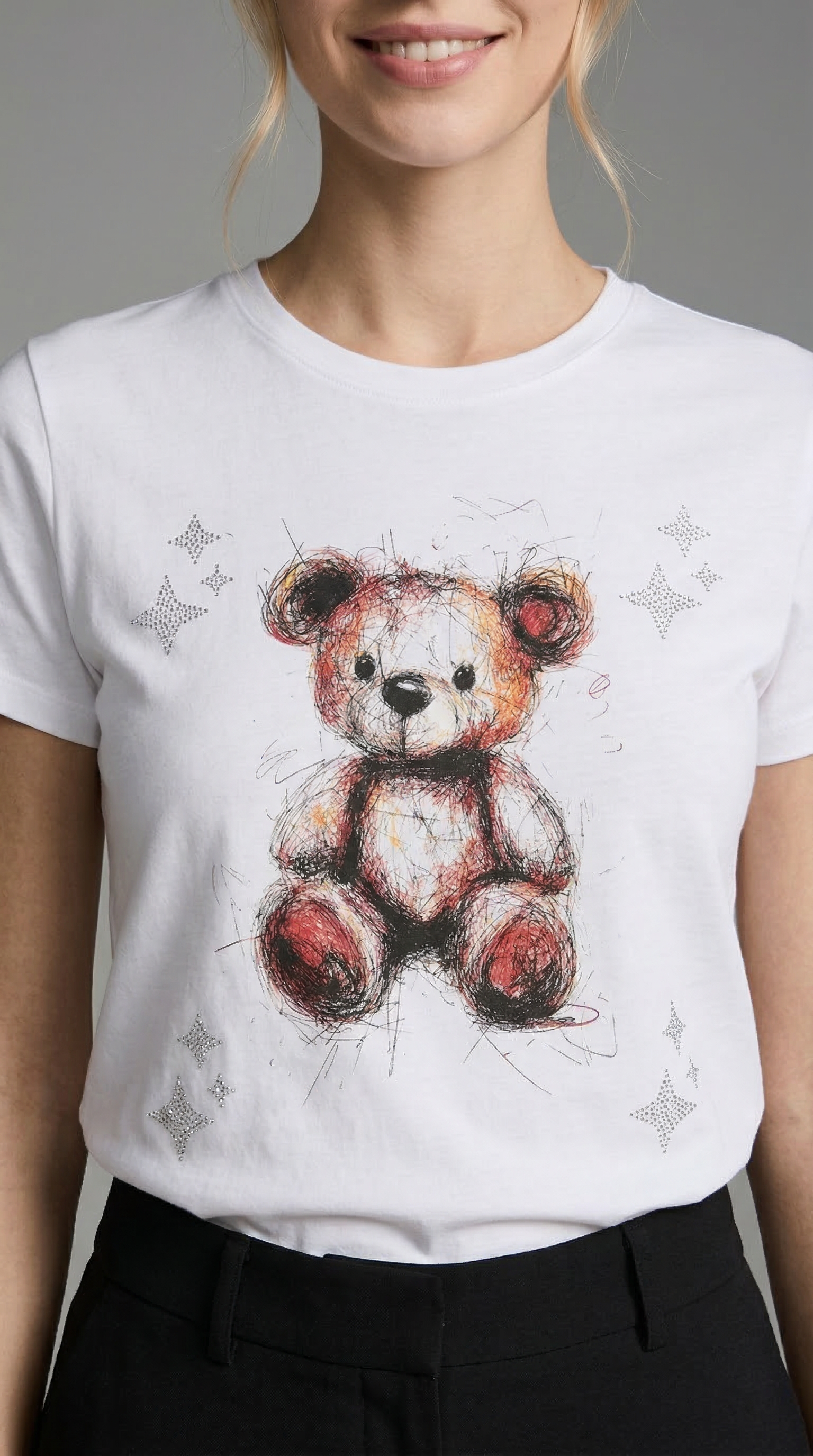 Ayıcık Baskılı Beyaz Tişört