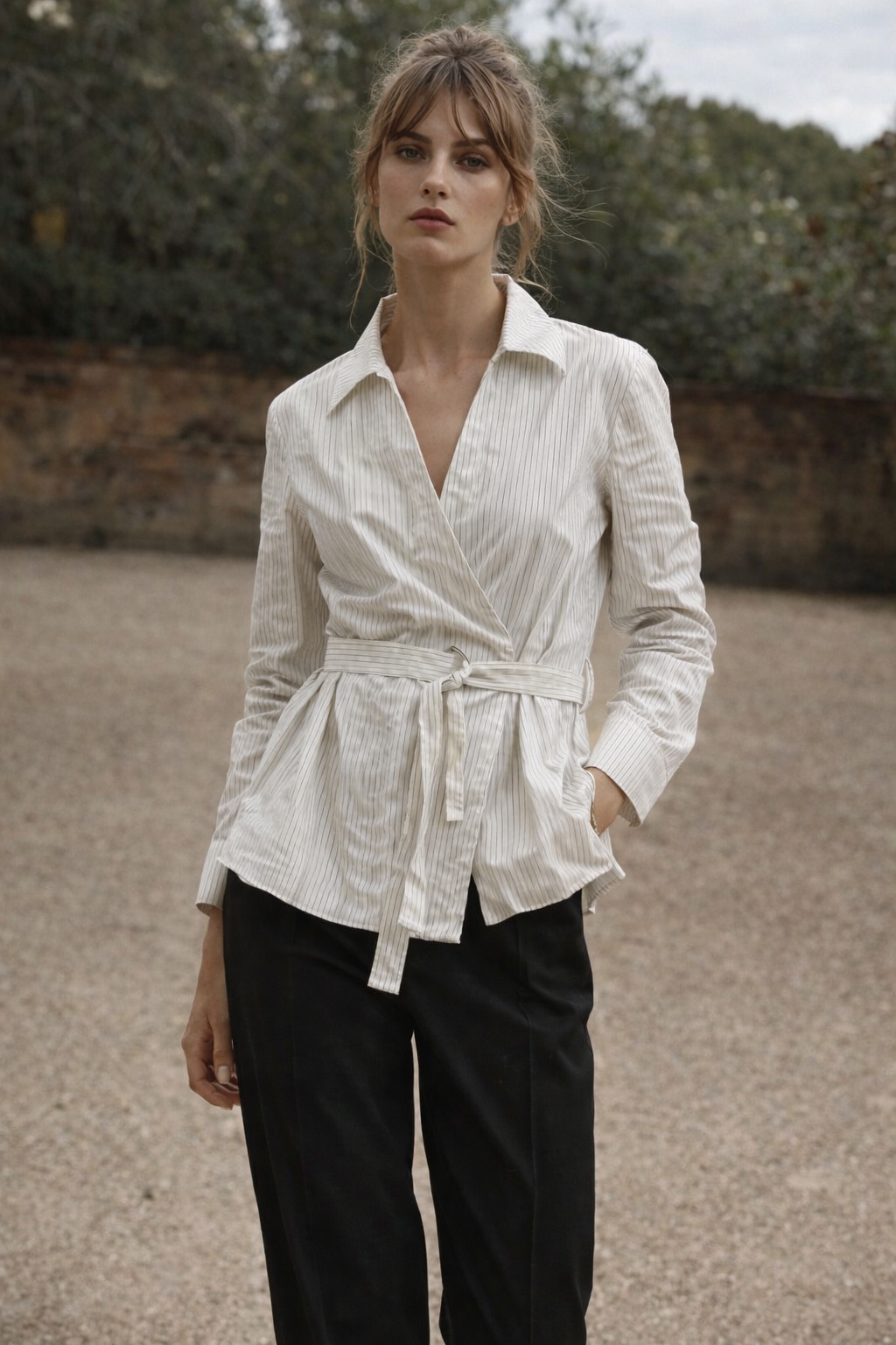 Beyaz Çizgili Kemerli Gömlek