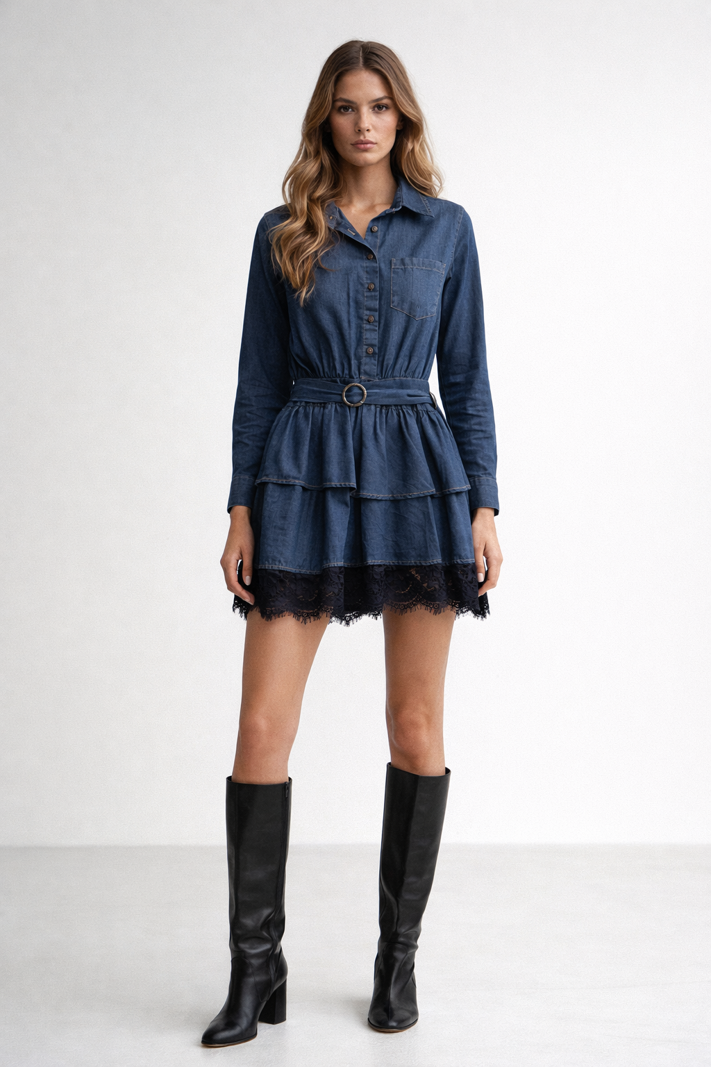 Dantel Detaylı Denim Elbise