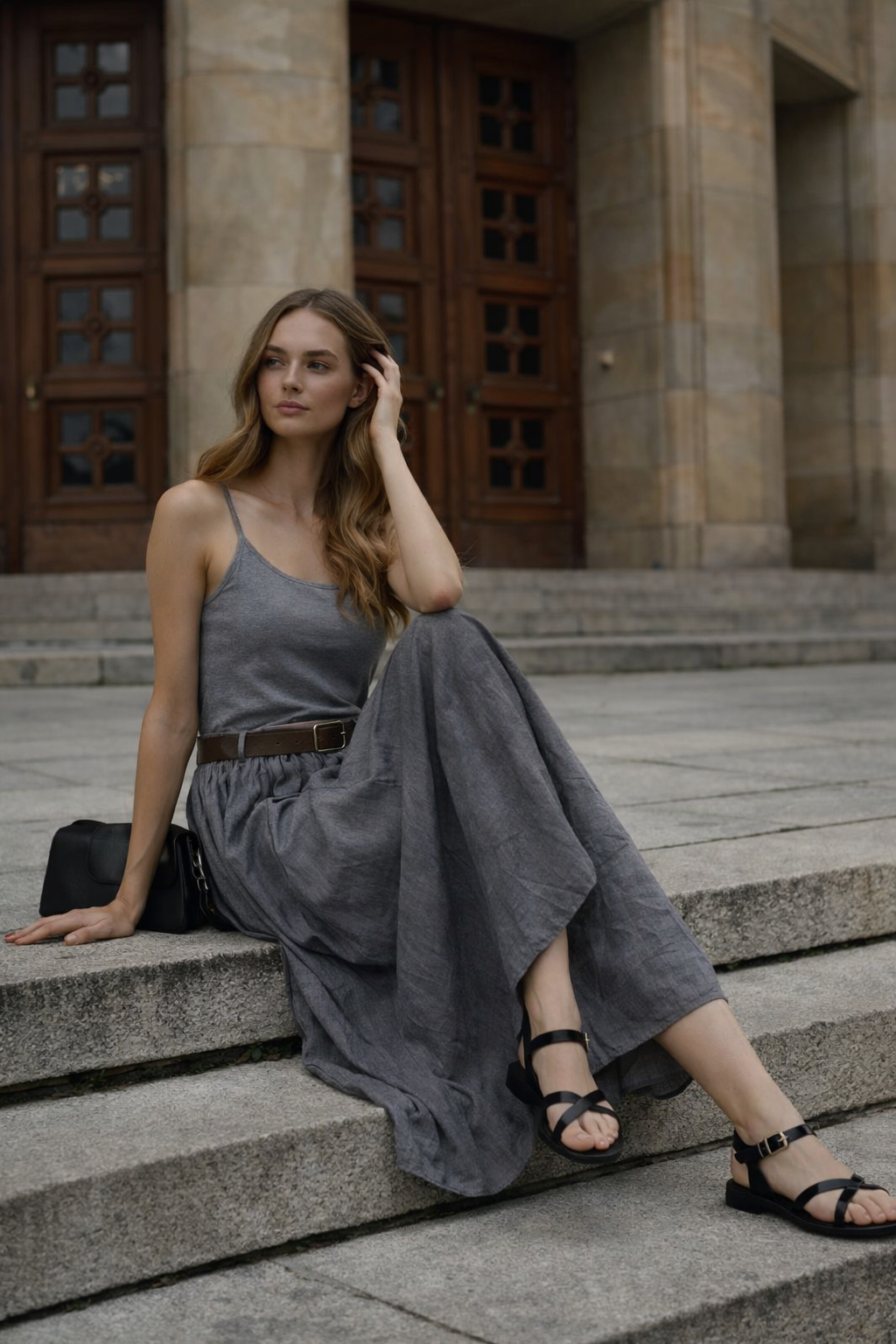 Kemer Detaylı Gri Midi Etek