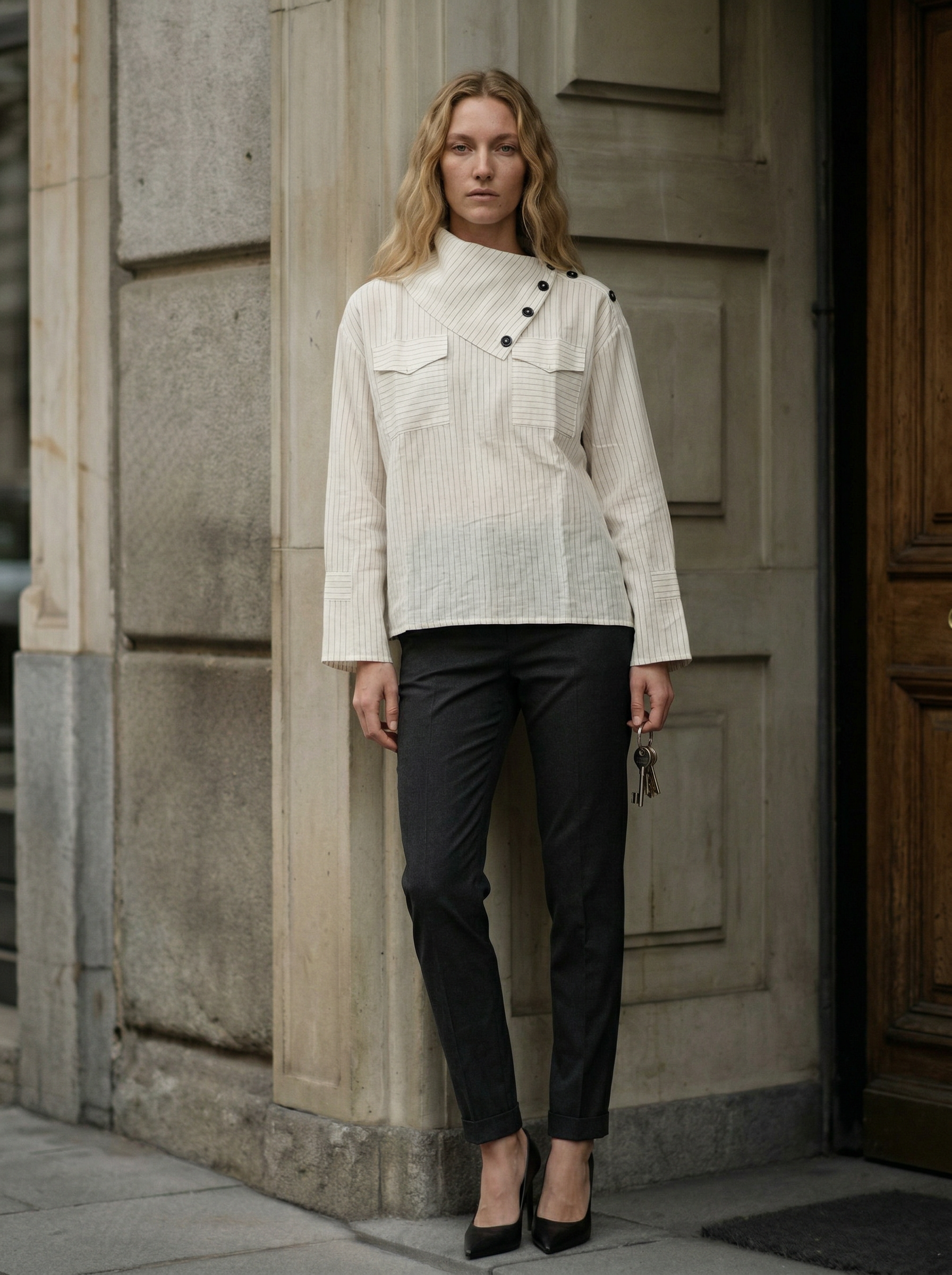 Asimetrik Düğme Detaylı Dokulu Bluz