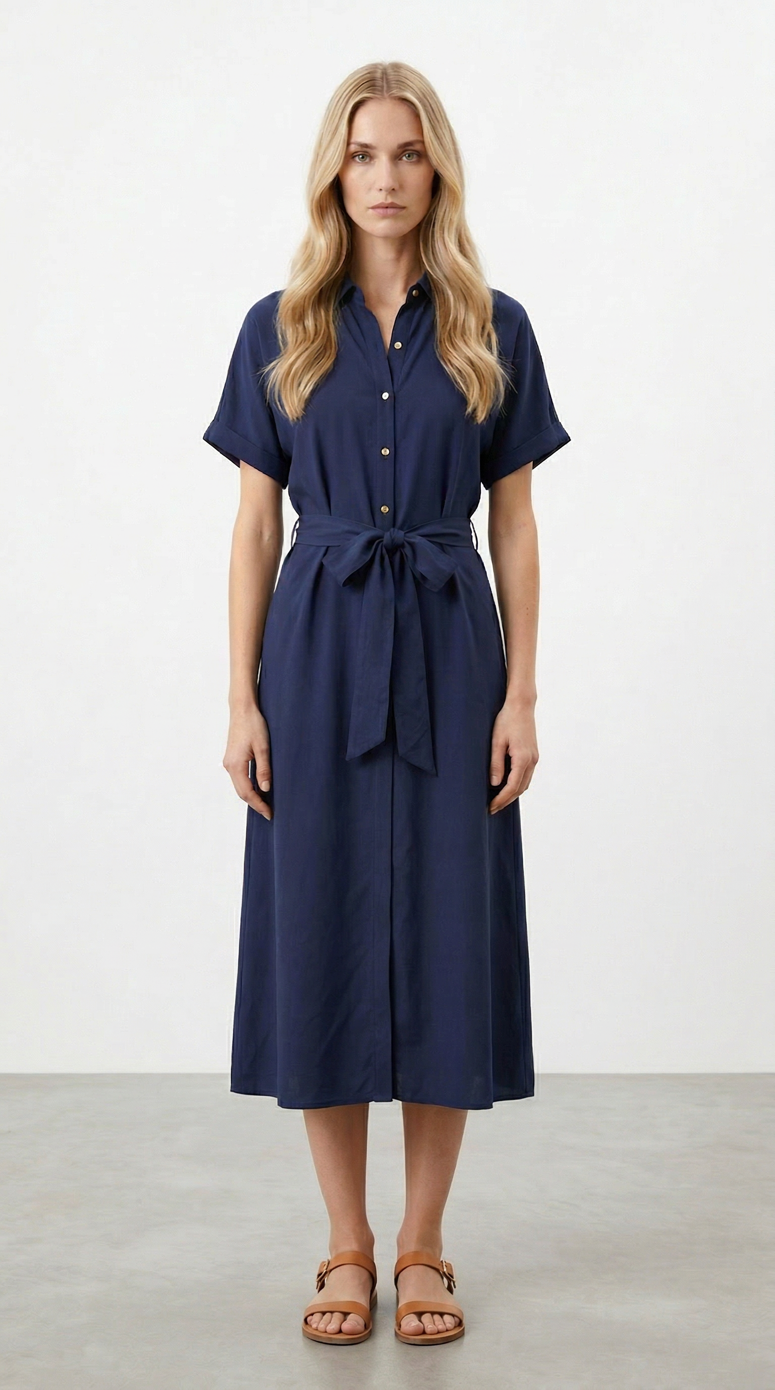 Kemer Detaylı Lacivert Gömlek Elbise