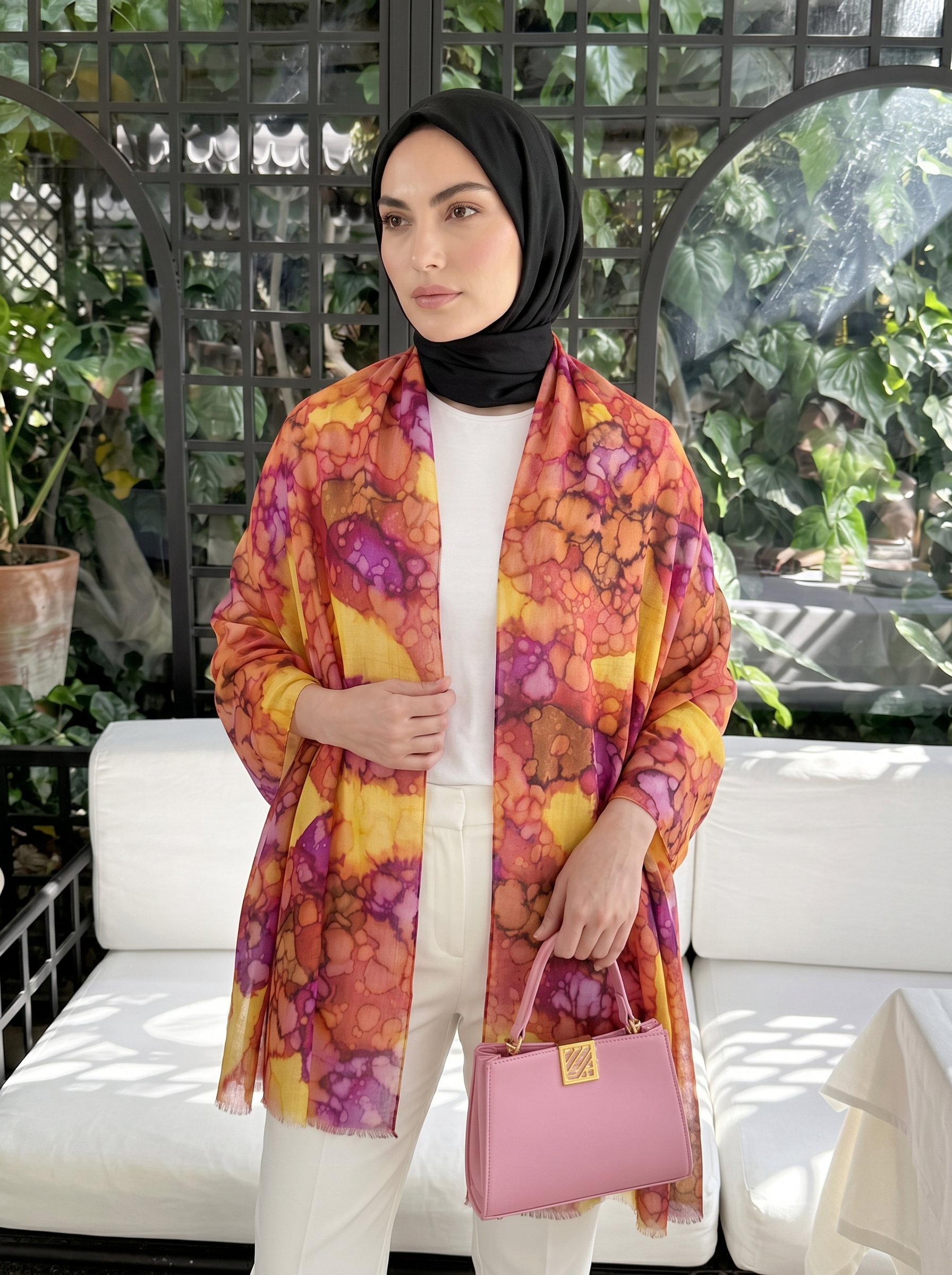 Ateş Tonları Desenli Pamuk Vual Şal