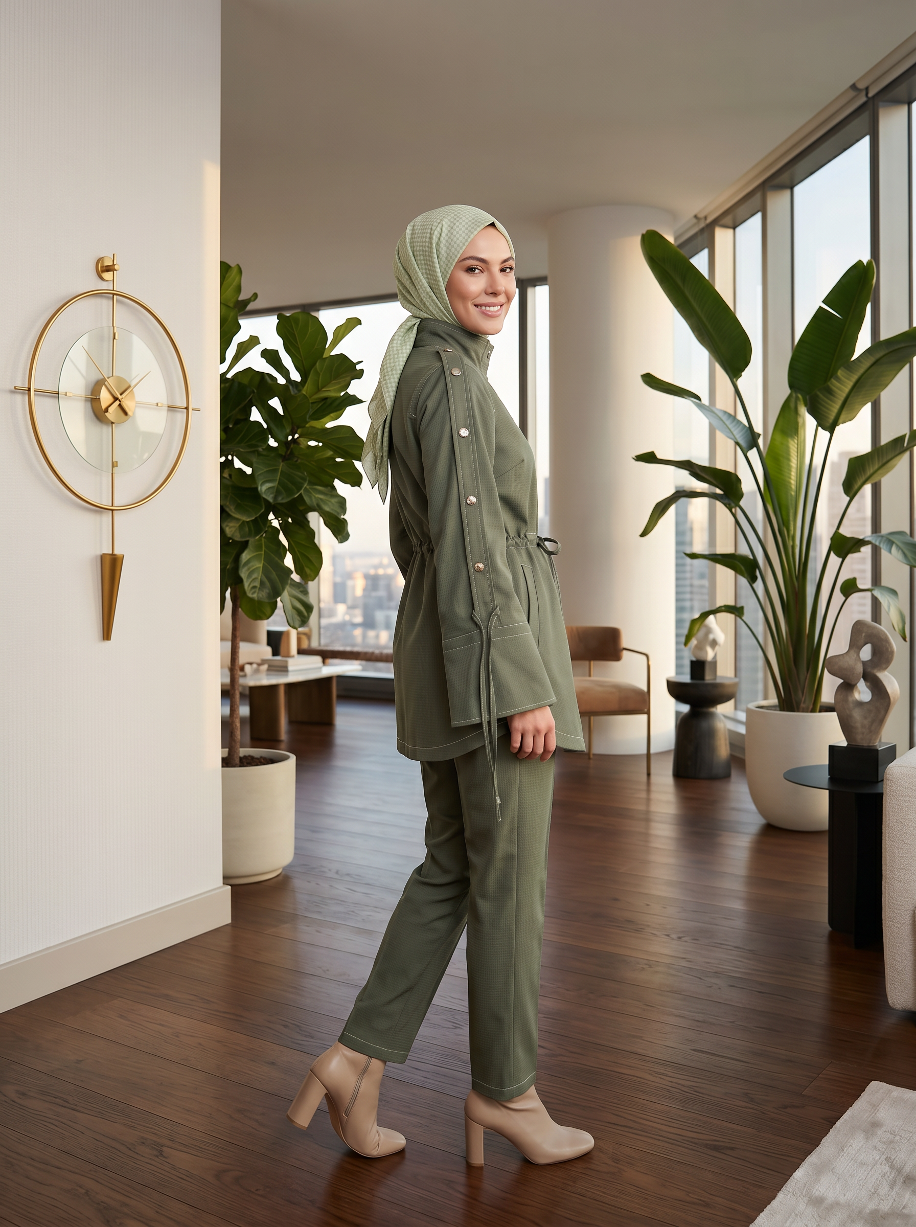 Haki Kuşak Detaylı Kot Pantolon & Ceket Takım