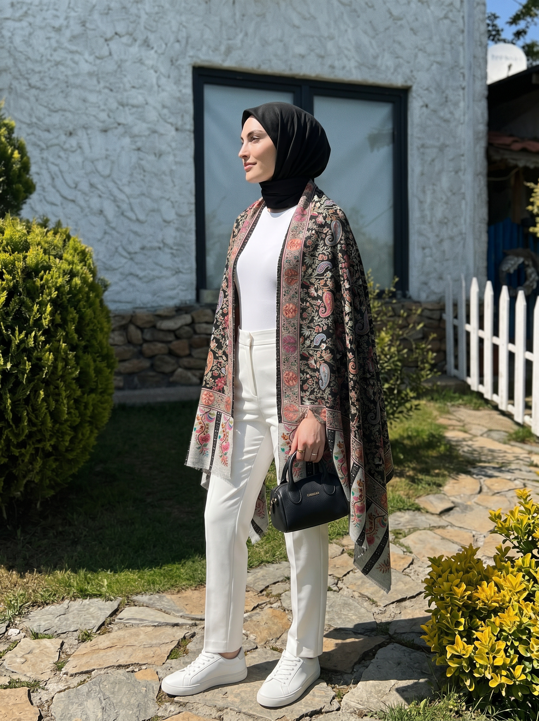 Siyah Zeminde Renkli Nakışlı Kalın İpek Şal