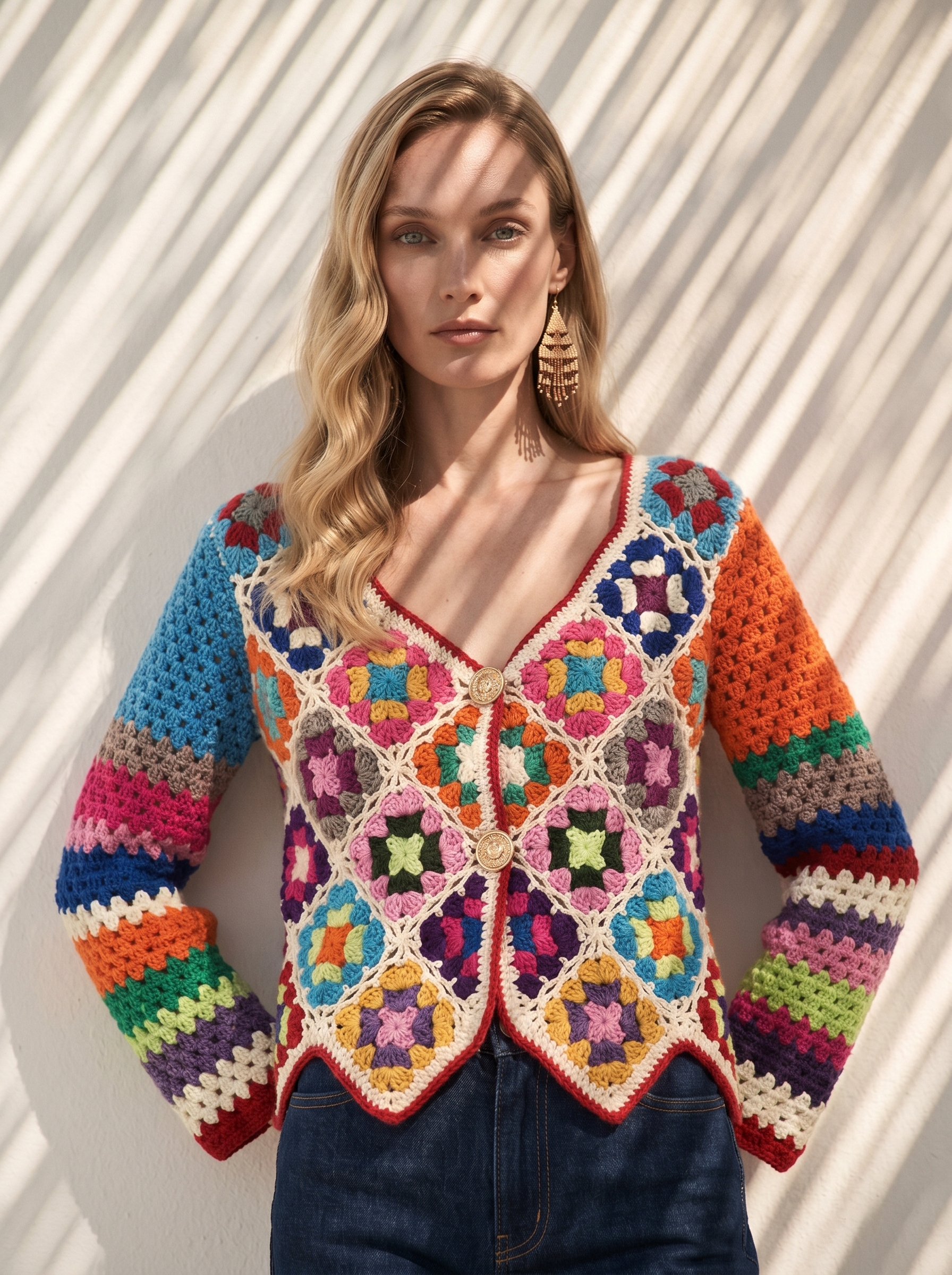 Renkli El Örgüsü Patchwork Hırka