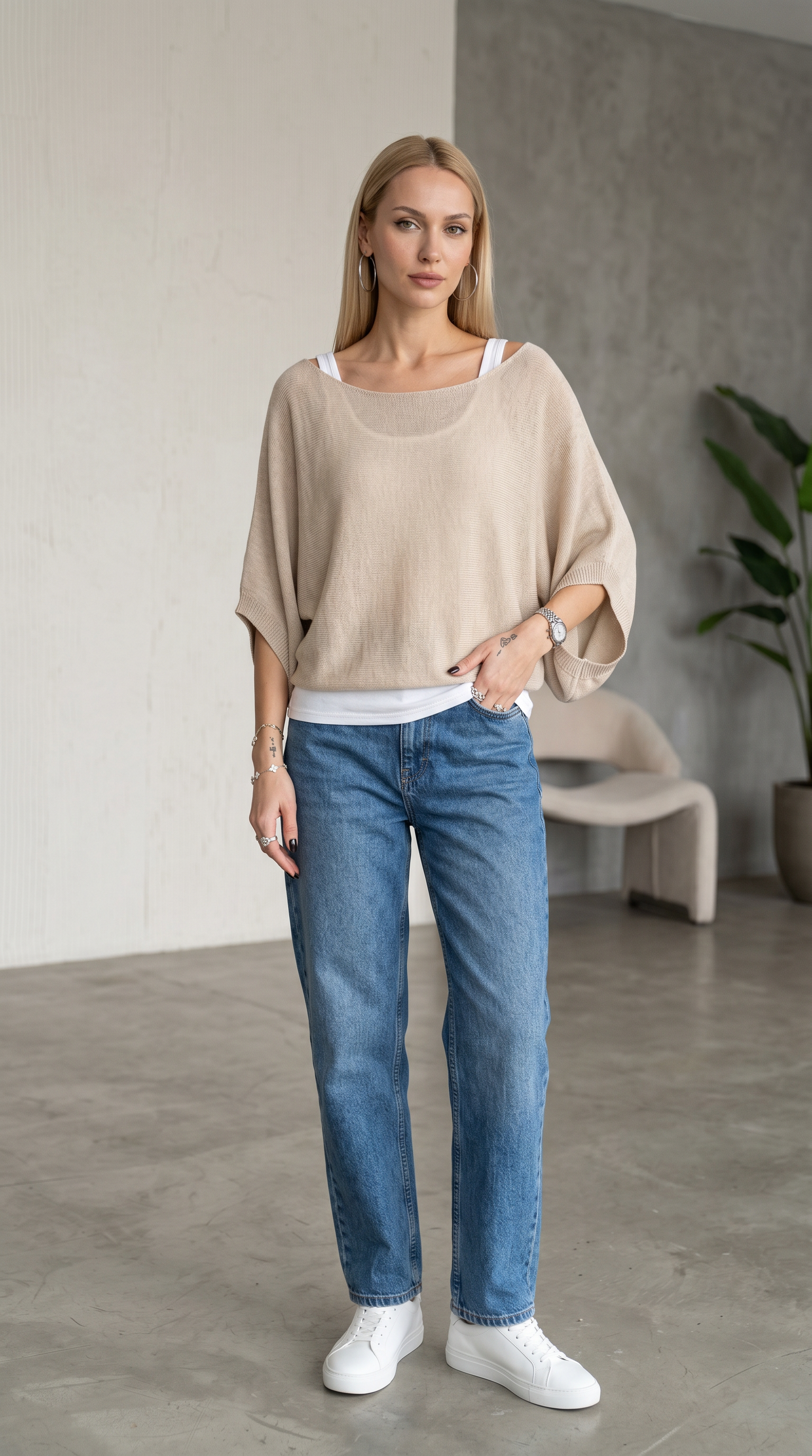 Bej-Beyaz Triko Bluz