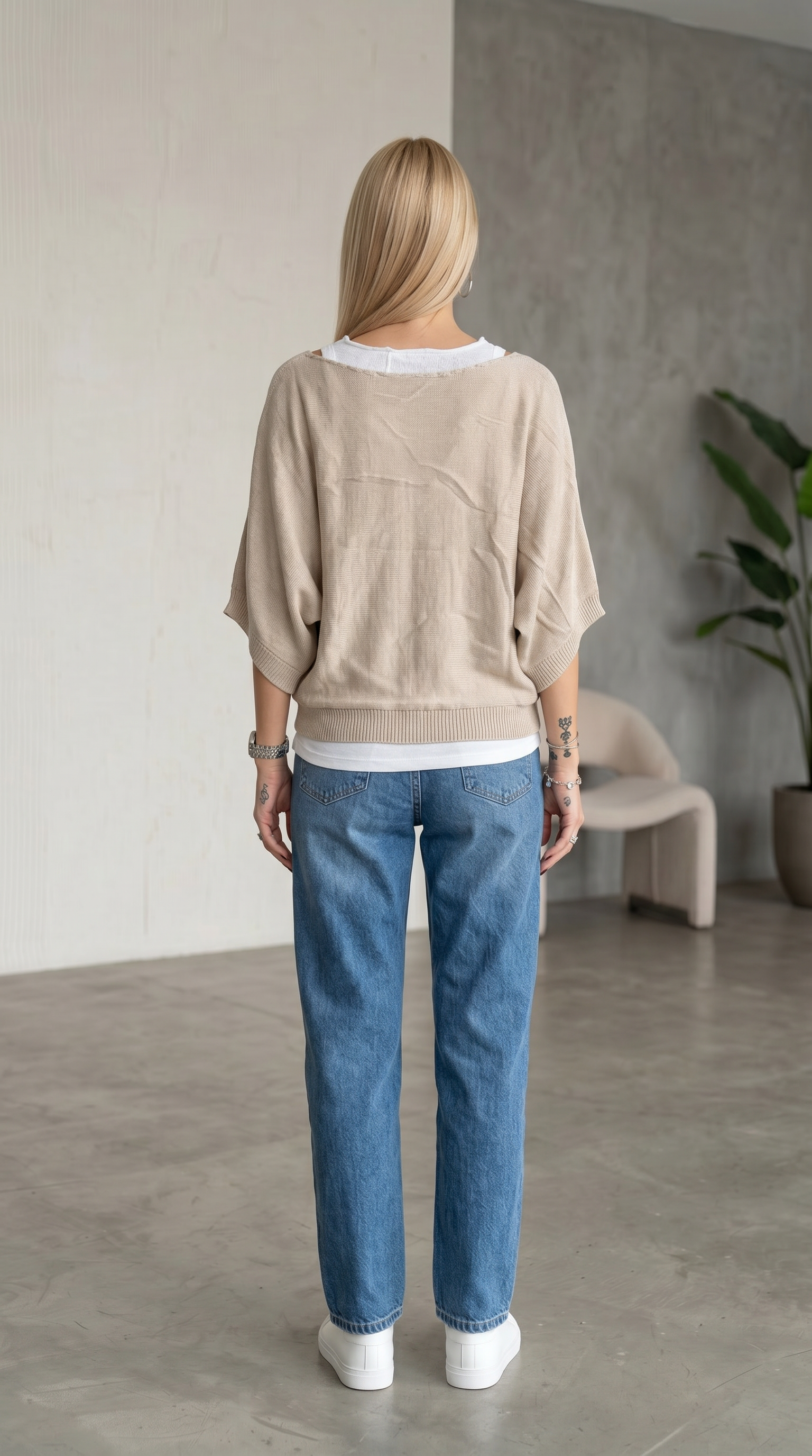 Bej-Beyaz Triko Bluz