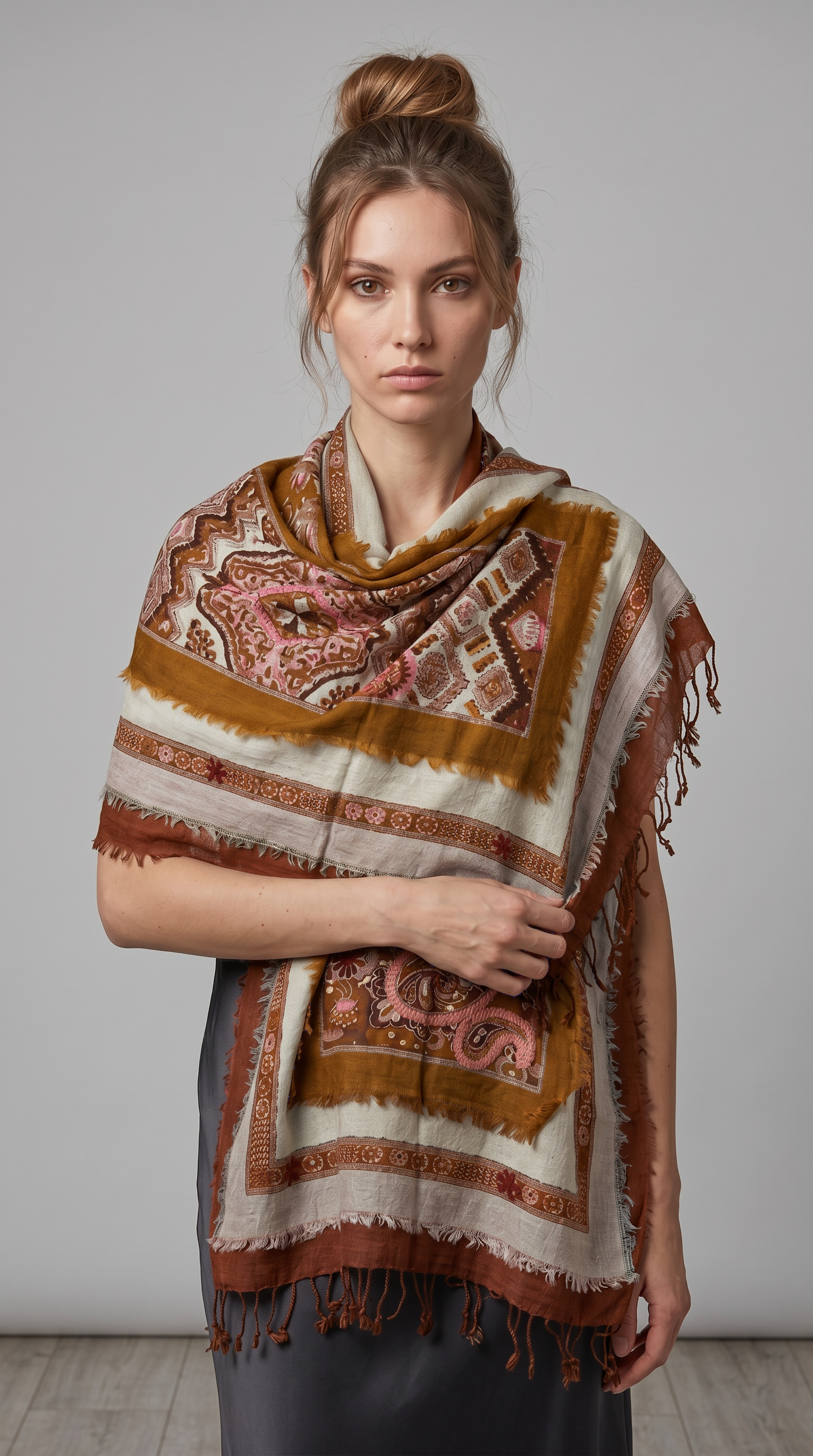 3 Boyutlu Nakış Detaylı Etnik Şal