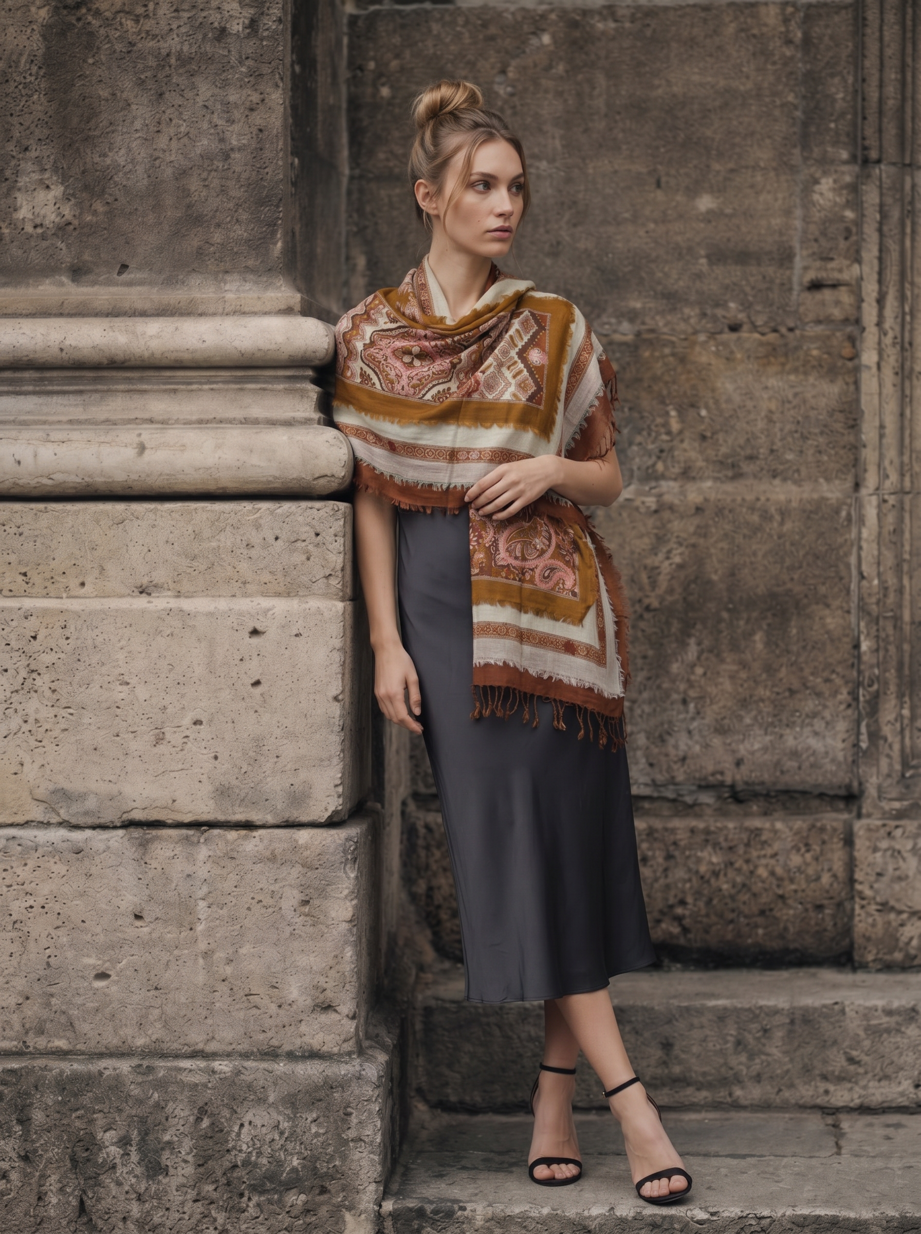 3 Boyutlu Nakış Detaylı Etnik Şal