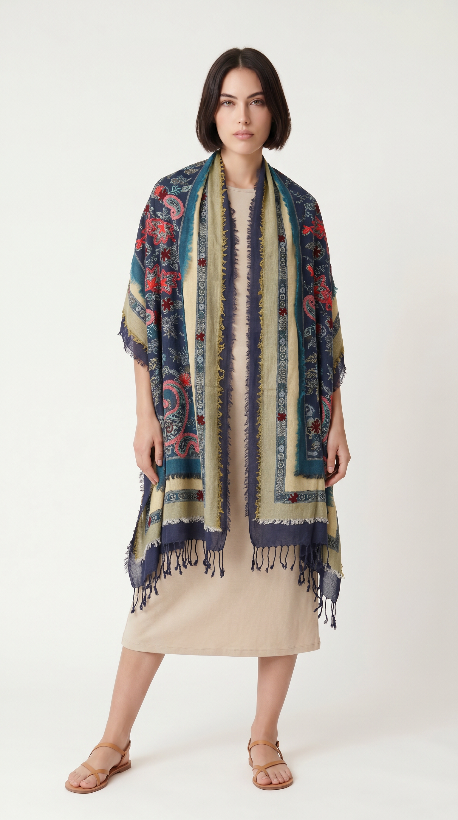 3 Boyutlu Nakış Detaylı Etnik Şal