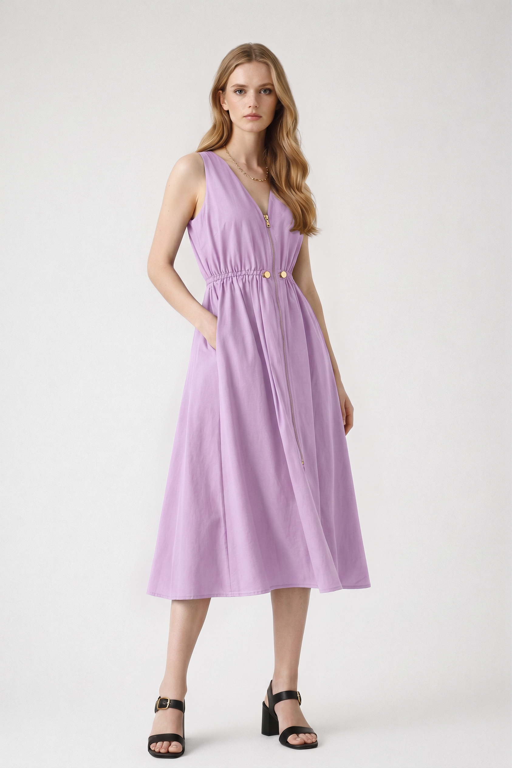 Lİla Fermuar Detaylı Midi Elbise