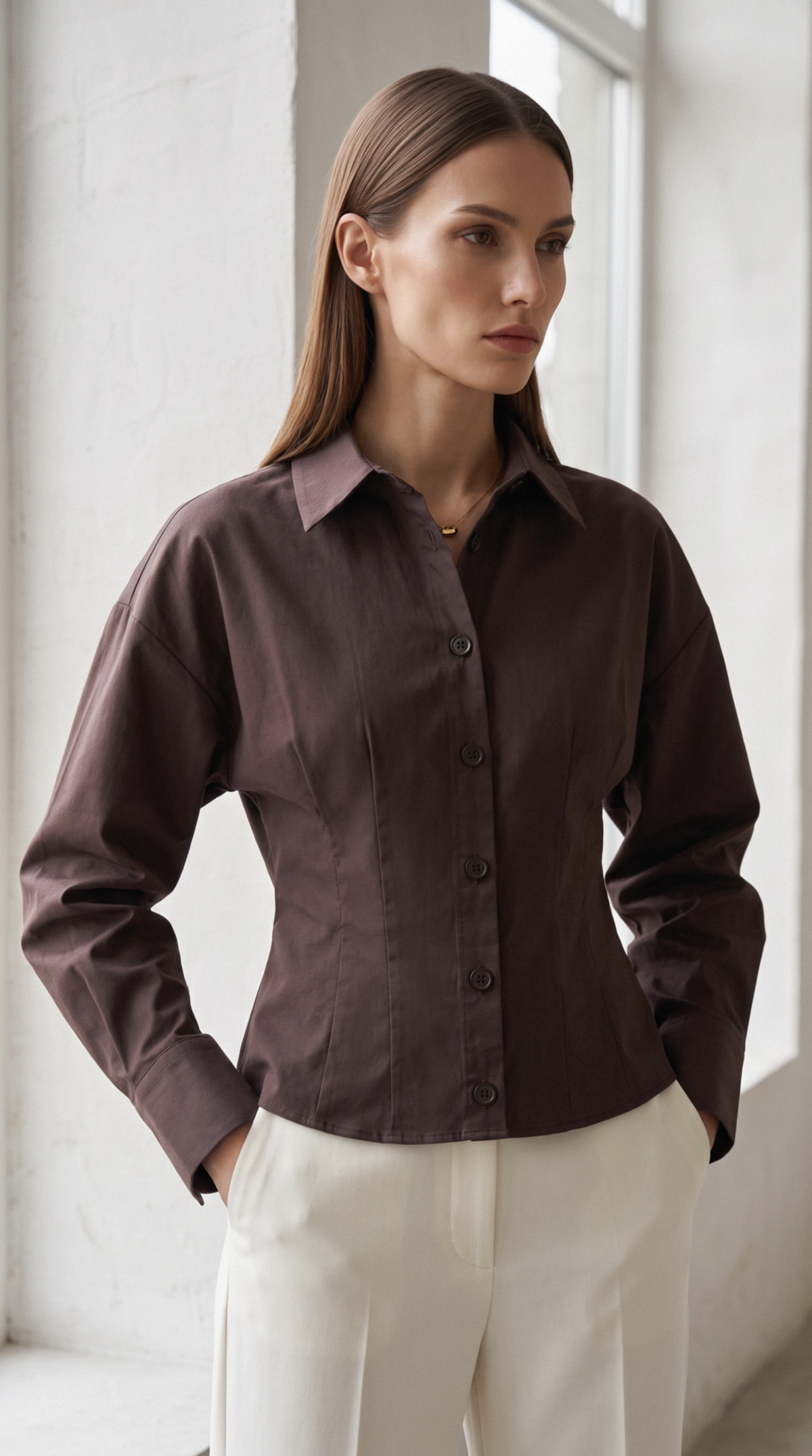 Kahverengi Pens Detaylı Fitted Poplin Gömlek