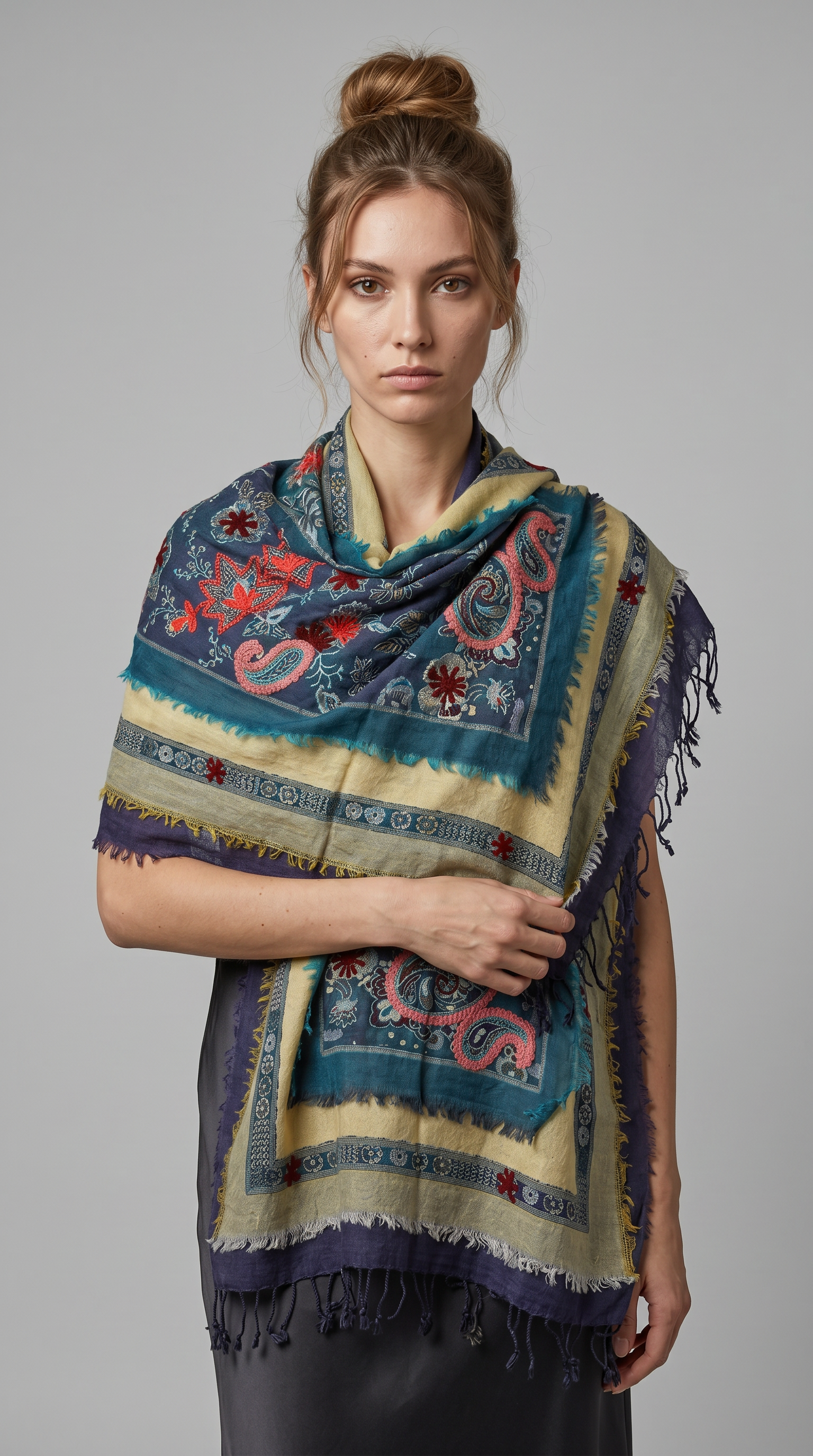 3 Boyutlu Nakış Detaylı Etnik Şal